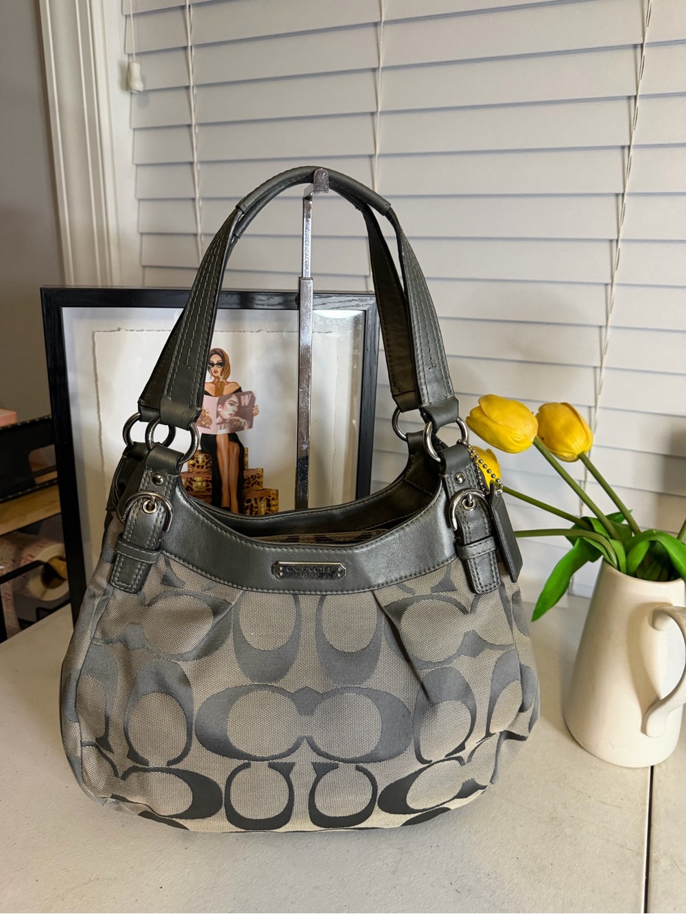 Coach Signature Gray Jacquard Canvas Leather Shoulder Bag Hobo Purse Authentic